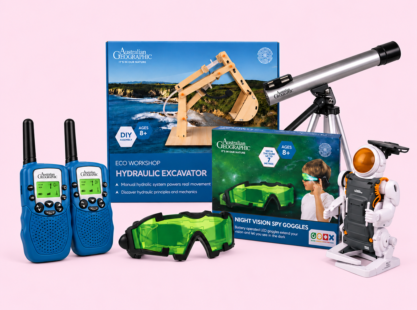 A space robot, solar rover, growing kit and wooden code game from the STEM range