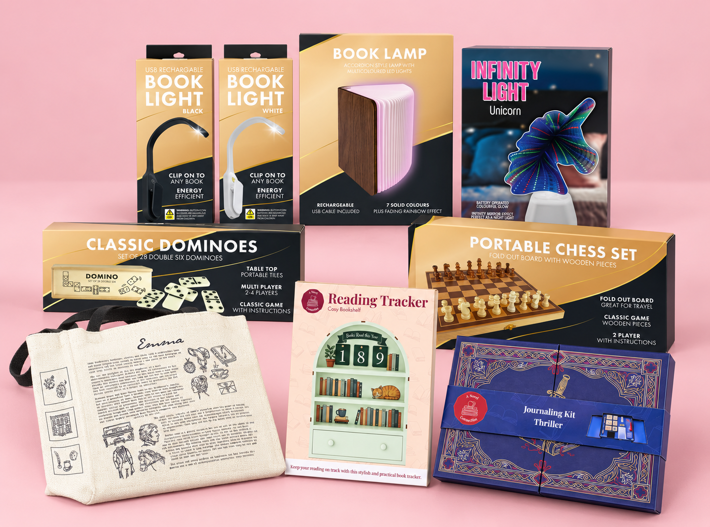 Bookish reading accessories, lighting and games shown as a coordinated collection