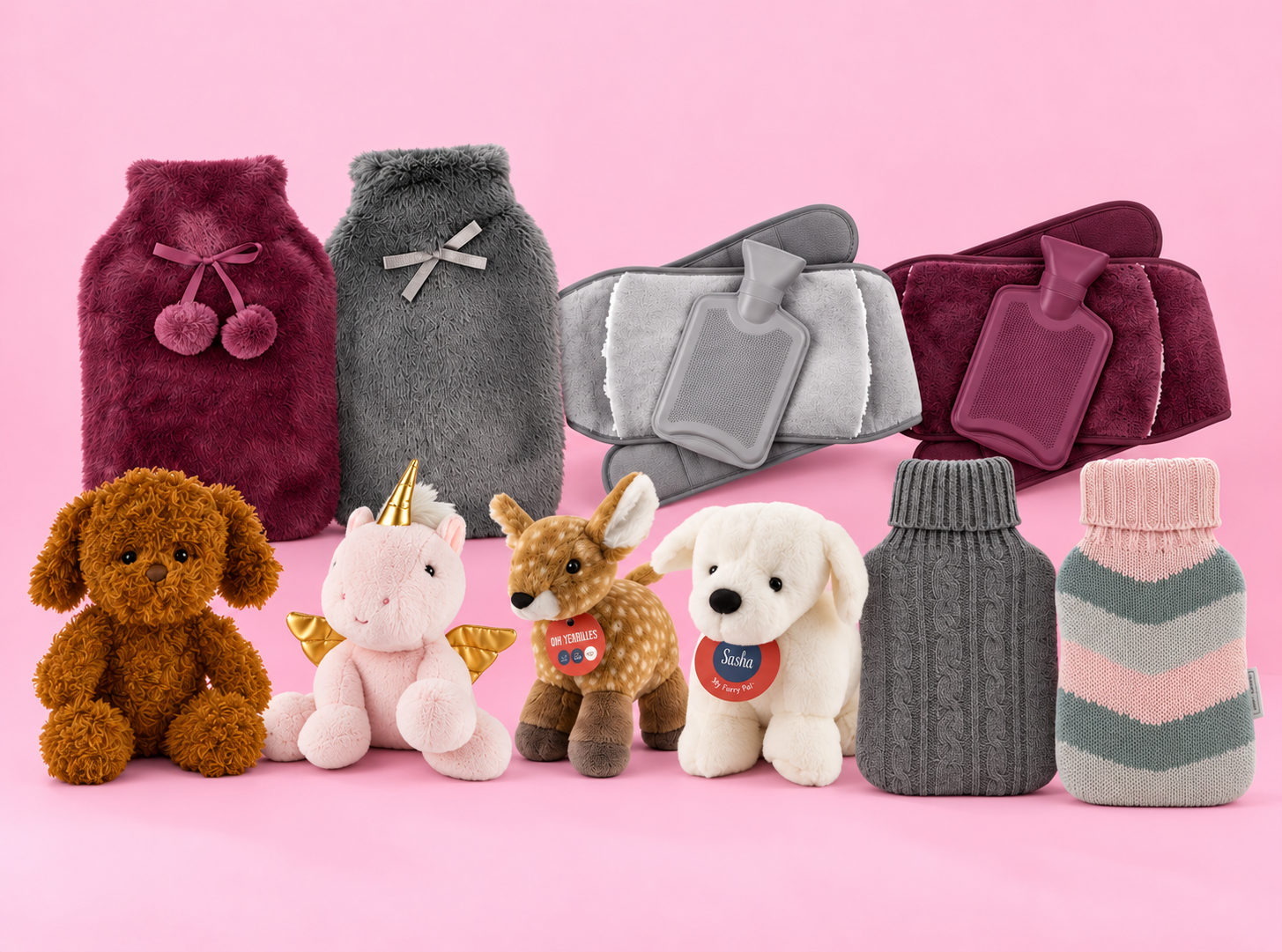 A coordinated selection of Medic's Choice comfort and wellbeing products on a pink background