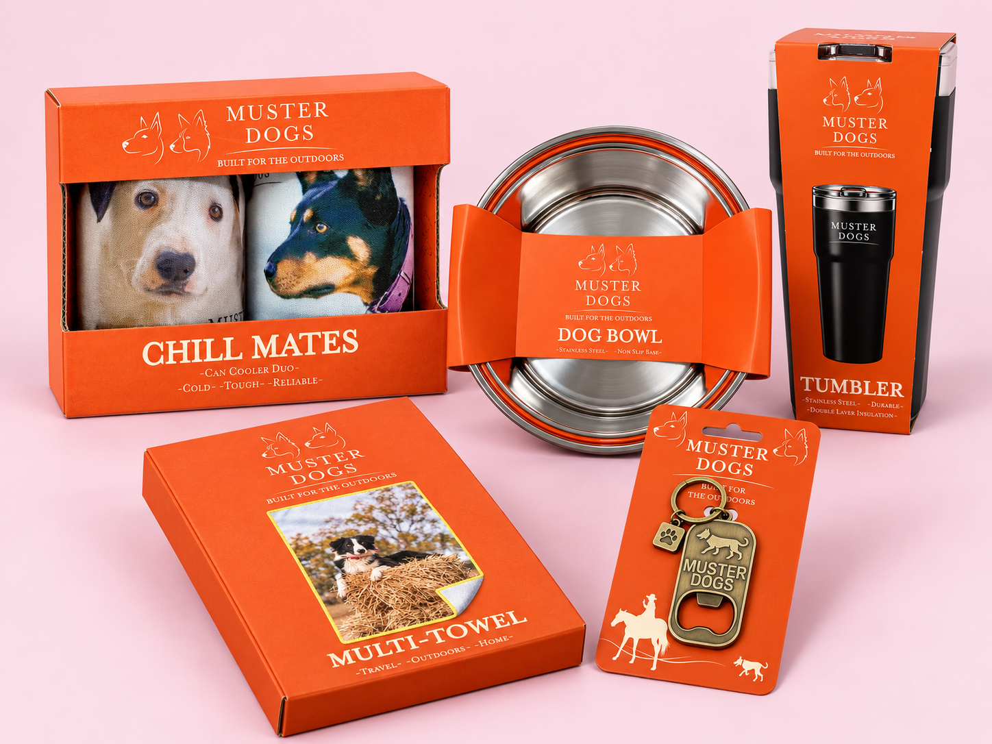 Muster Dogs drinkware, multi towel and pet bowl shown as a coordinated range